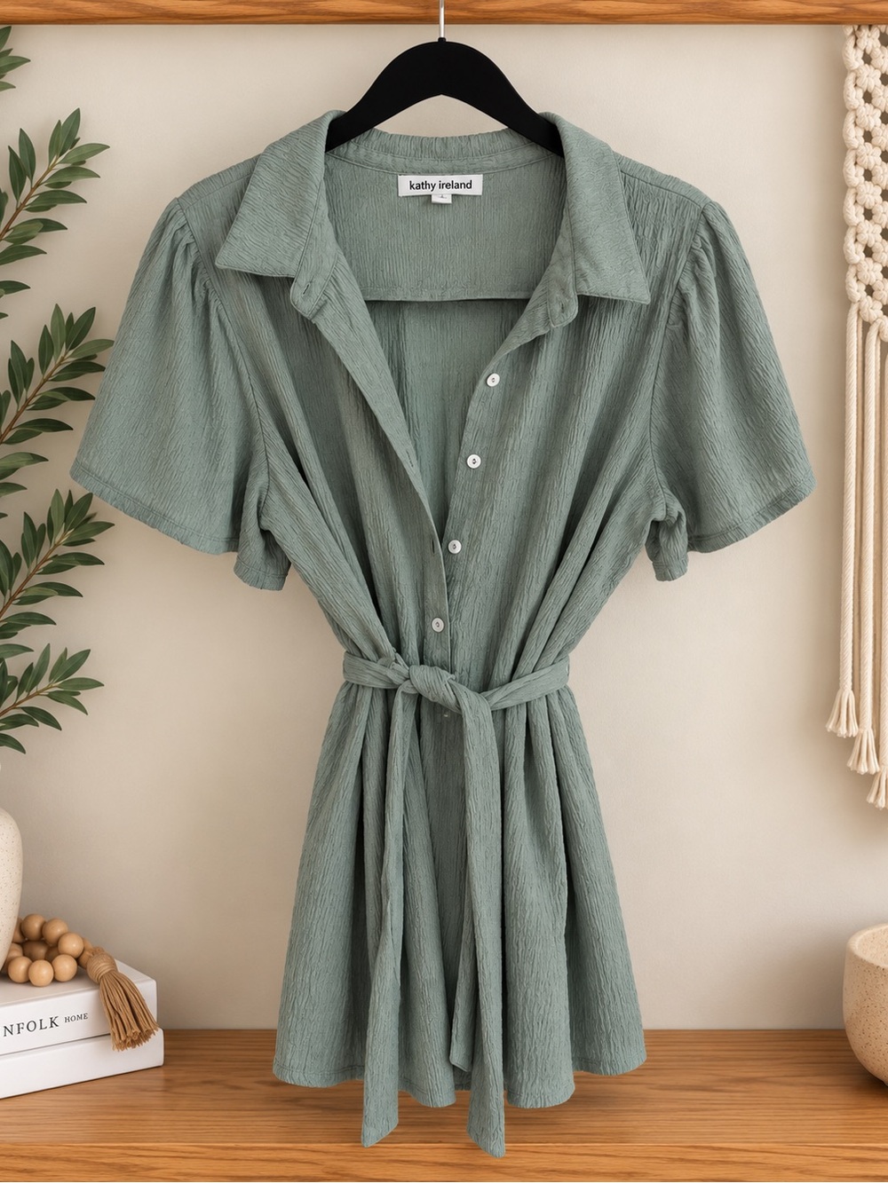 kathy ireland Sage Green Button-Front Tie-Waist Midi Dress
